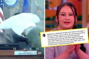A split image: Left shows a blurred courtroom scene, right shows a woman in a TV interview. Text excerpt expresses love and dismissal of haters