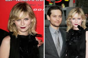 Two side-by-side images, left shows woman in black feathered outfit, right shows same woman with man in gray suit, on red carpet