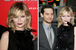 Two side-by-side images, left shows woman in black feathered outfit, right shows same woman with man in gray suit, on red carpet