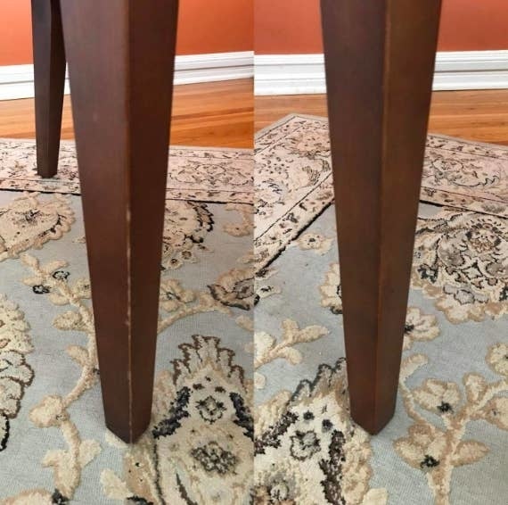 reviewer's before image of scratched wood furniture leg, then after using the marker the scratches are no longer visible