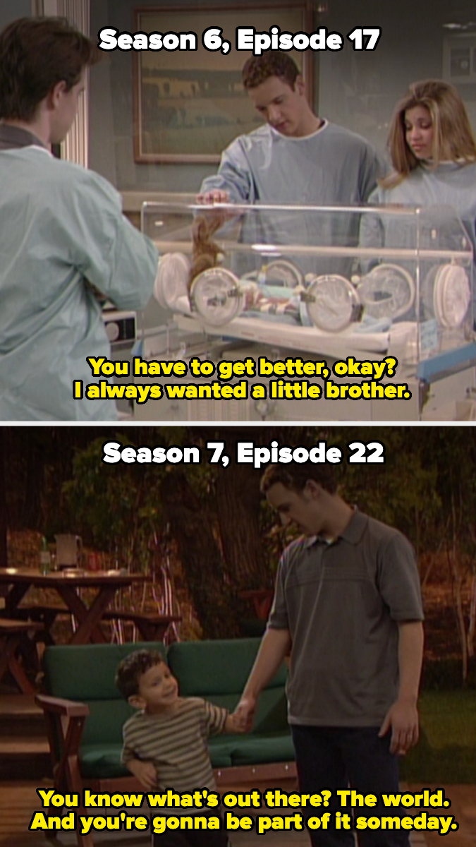 In Season 6, Cory talks to baby Josh in the hospital, and in Season 7, he holds hands with Josh, who&#x27;s old enough to walk