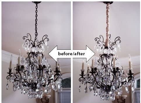 A side-by-side image showing a chandelier before with the chain exposed and after looking much nicer with the cord cover