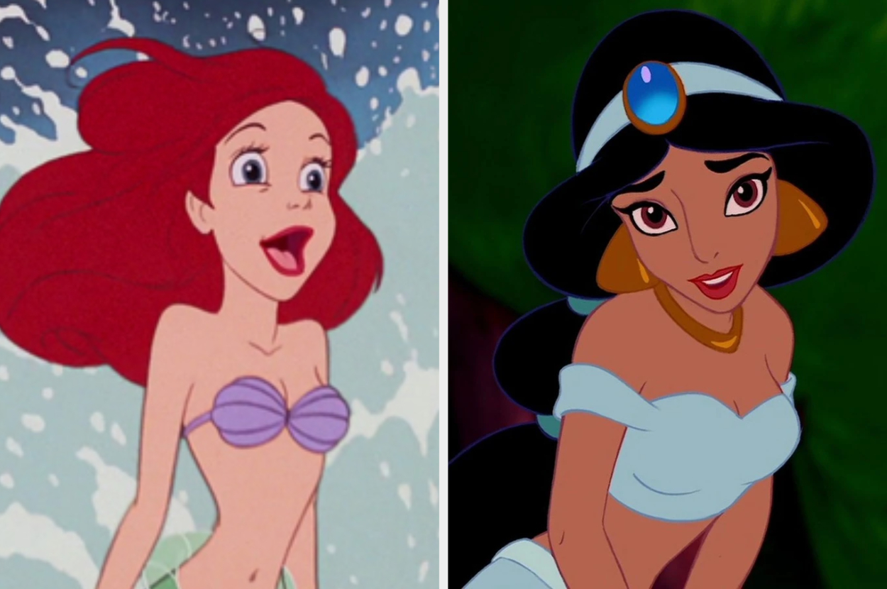 Ariel and Jasmine, animated characters, side by side. Ariel wears a seashell top, Jasmine in a blue outfit