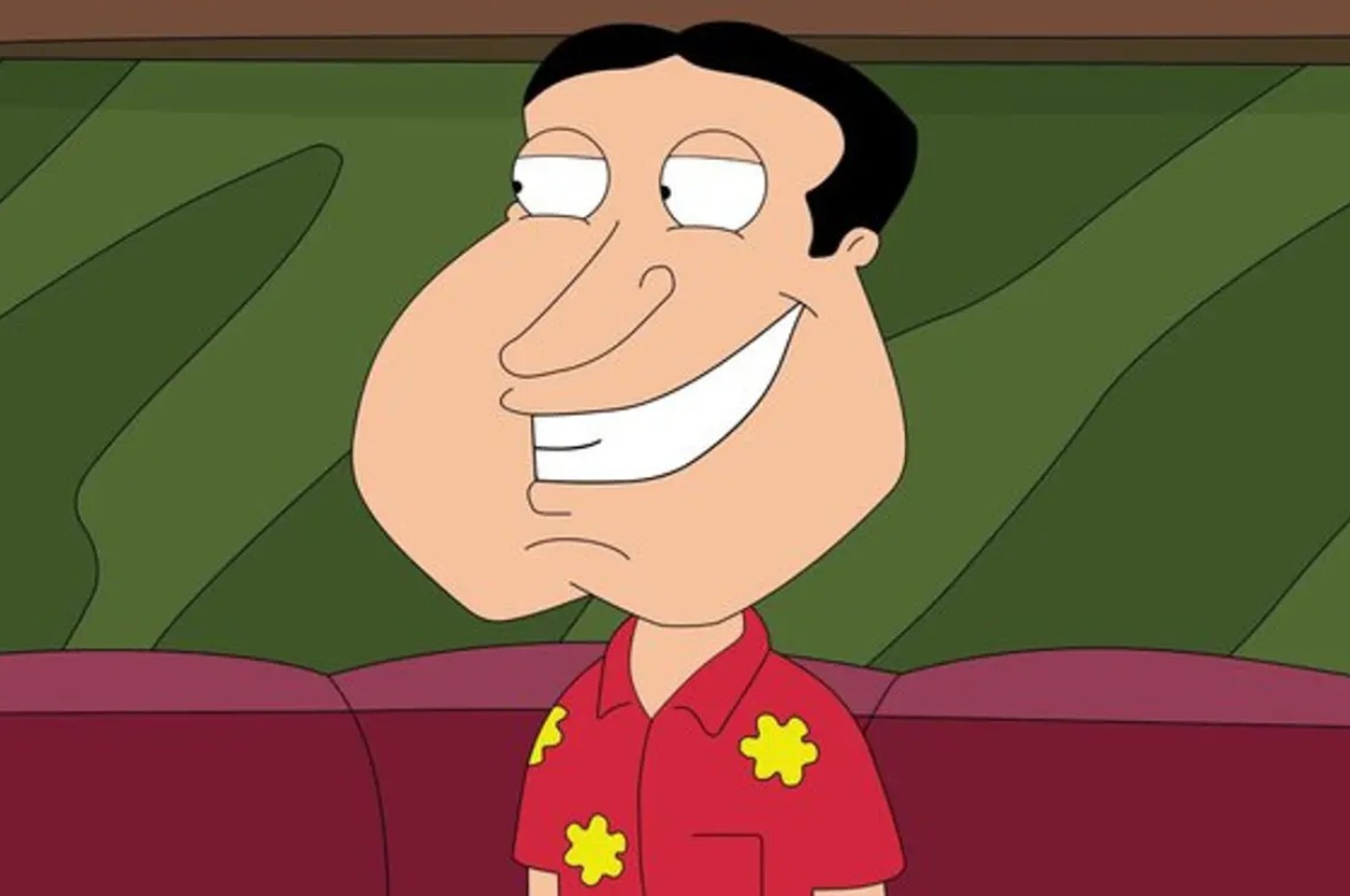 Glenn Quagmire from Family Guy wearing a red Hawaiian shirt with yellow flowers