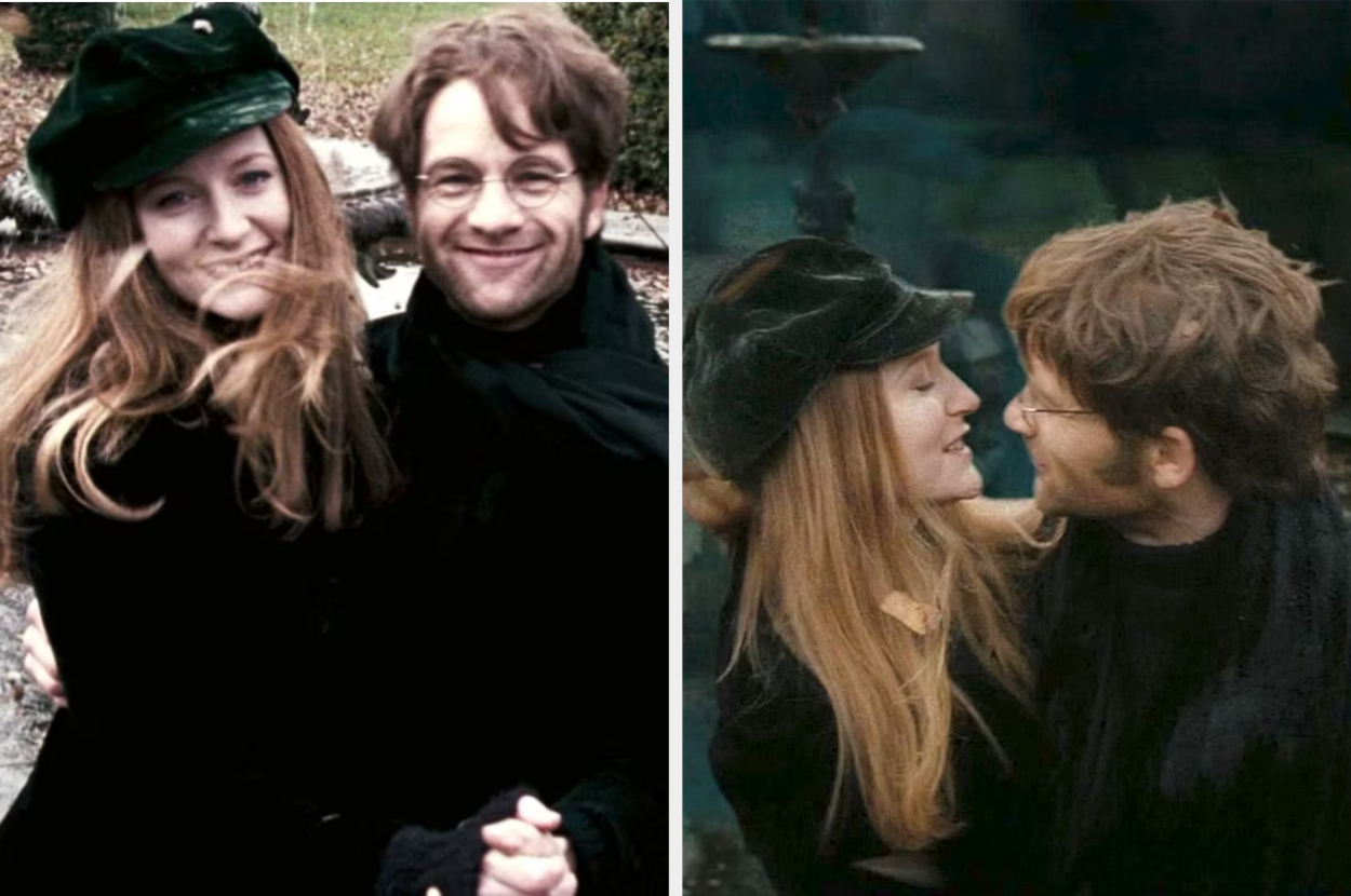Two actors dressed as characters from Harry Potter, smiling and looking at each other