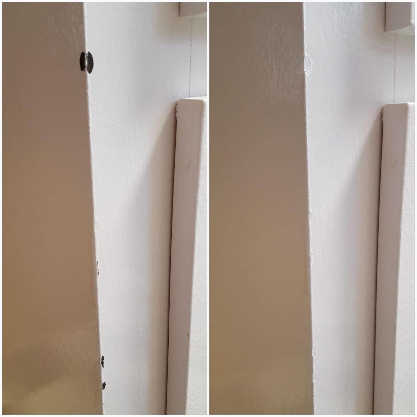 reviewer's before photo of scuffed wall with paint chips on the corner / after photo of same wall touched up with the pait
