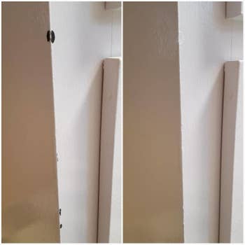 reviewer's before photo of scuffed wall with paint chips on the corner / after photo of same wall touched up with the pait