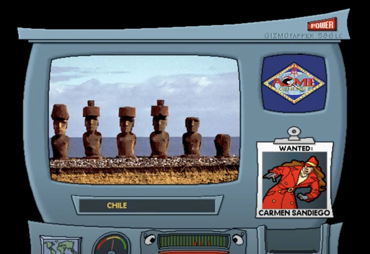 &quot;Computer game screen with moai statues, hinting Carmen Sandiego&#x27;s location in Chile.&quot;