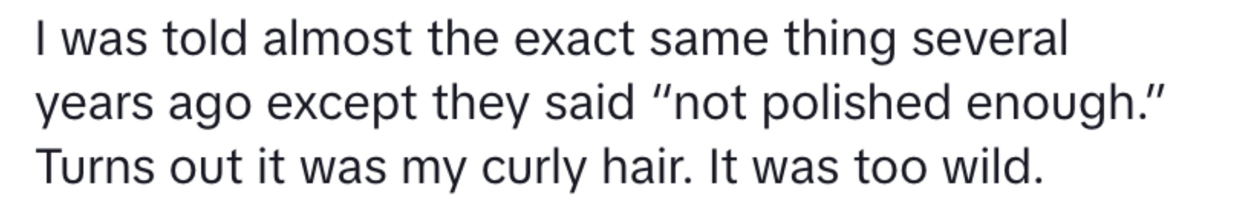 A screenshot of a social media comment by a user named &#x27;momsanity74&#x27; about curly hair being criticized as not polished enough