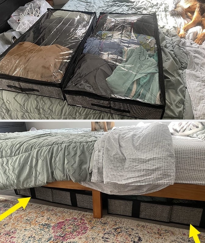 top: reviewer&#x27;s storage bags full of items / bottom : same reviewer showing the bags stored under bed