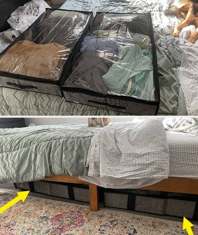 top: reviewer's storage bags full of items / bottom : same reviewer showing the bags stored under bed