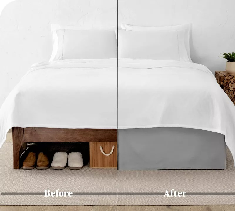 Bed before and after adding a bed skirt; the after shows a tidier look with hidden storage