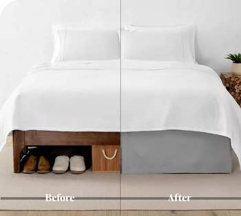 Bed before and after adding a bed skirt; the after shows a tidier look with hidden storage