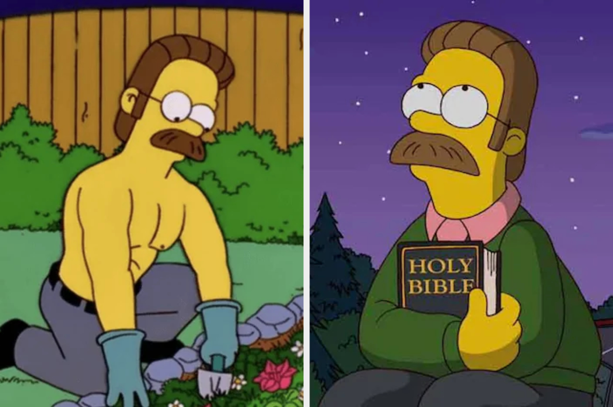 Cartoon character Ned Flanders from &quot;The Simpsons&quot; gardening and holding a Bible