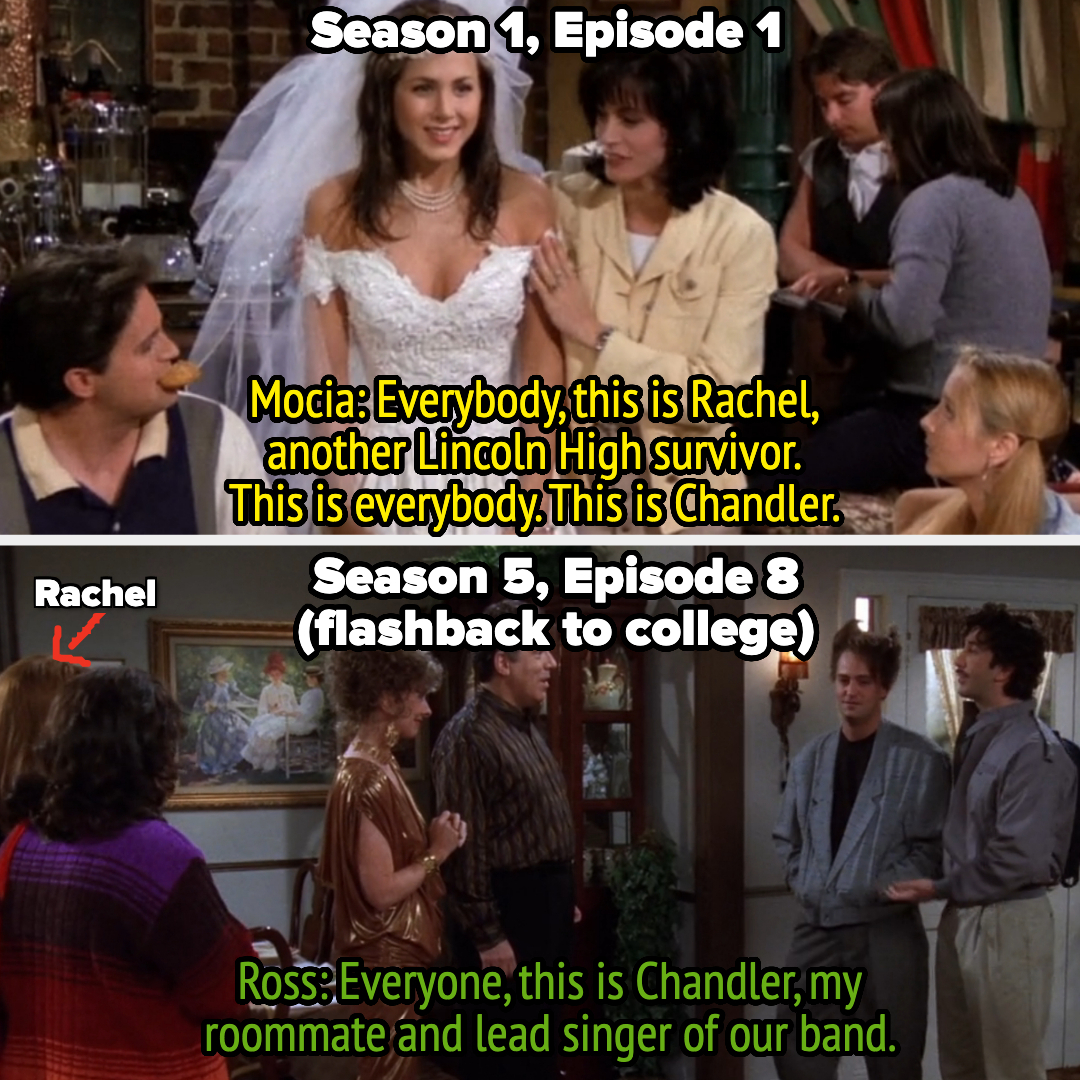 In Season 1, Monica introduces Rachel and Chandler, and in a Season 5 flashback, Ross introduces Chandler to Rachel and his family in college