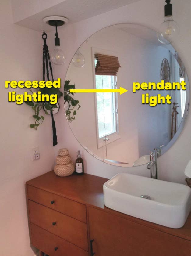 reviewer's bathroom using the kit on recessed lighting to convert it to pendants