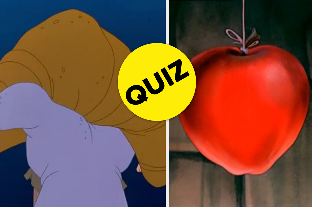 Split image: Left, Cinderella character with a yellow dress; Right, Disney's Snow White red apple with 'QUIZ' text overlay