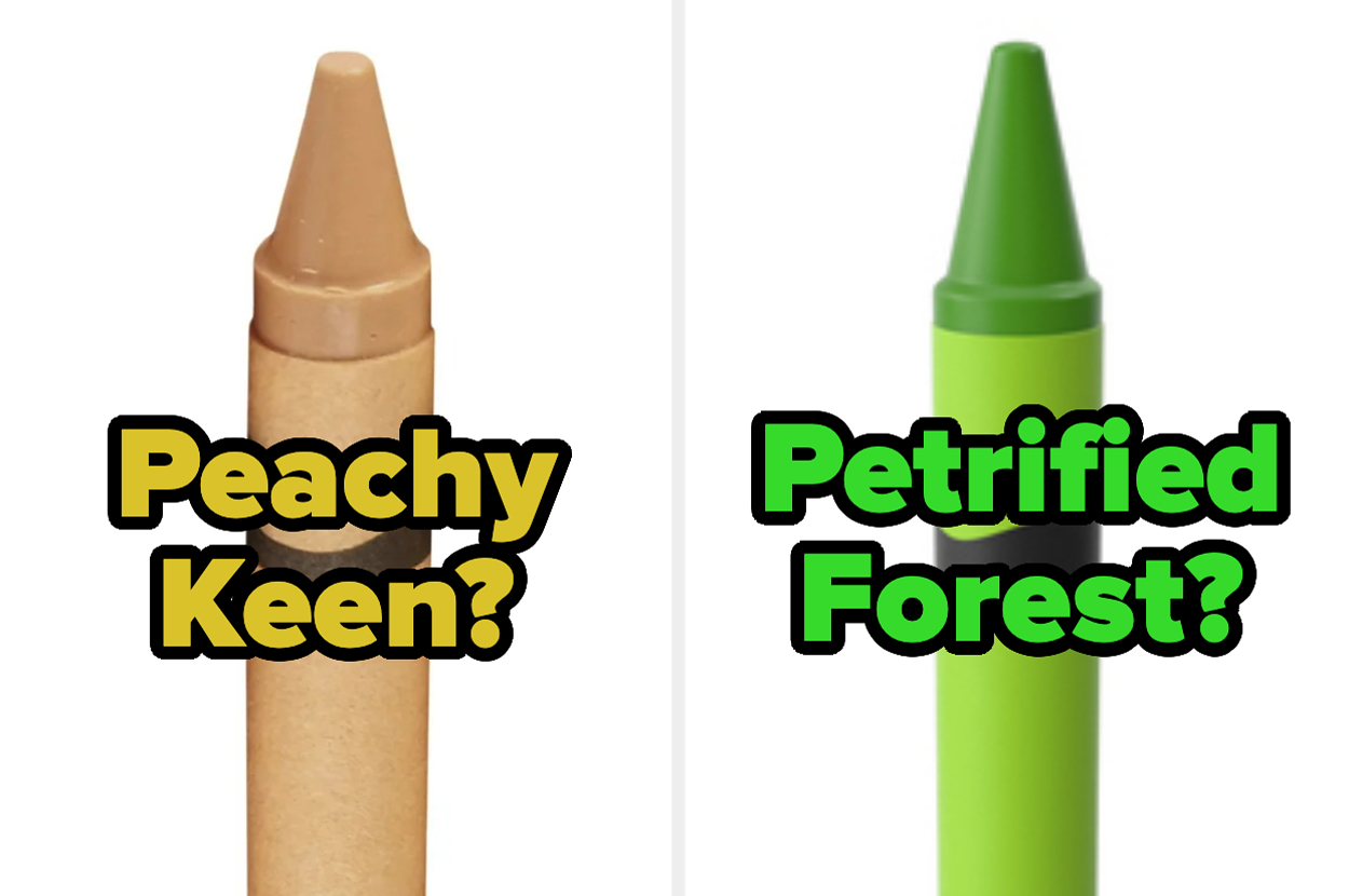 Two crayons side by side, one named Peachy Keen and the other named Petrified Forest