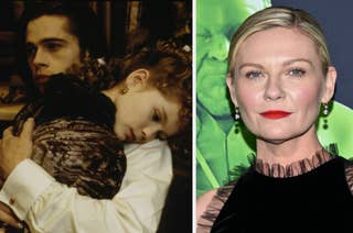 Picture split between a movie still and a current photo of an actress. Left: two characters embracing. Right: actress in a black outfit