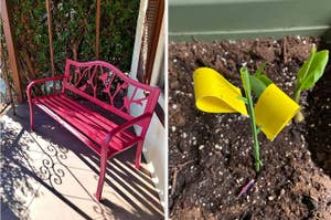 Left: A metal garden bench with bird and tree designs. Right: yellow bug trapping sticky stakes