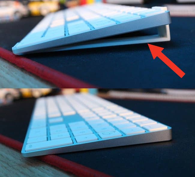 a Mac keyboard without risers underneath and the same keyboard with risers underneath 