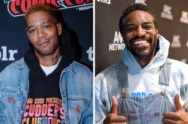Kid Cudi in a graphic tee and denim jacket, Andre 3000 in a denim outfit, both smiling