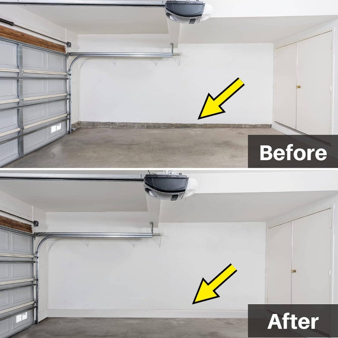 Before and after images of a garage floor, the latter showing the flexible baseboard trim