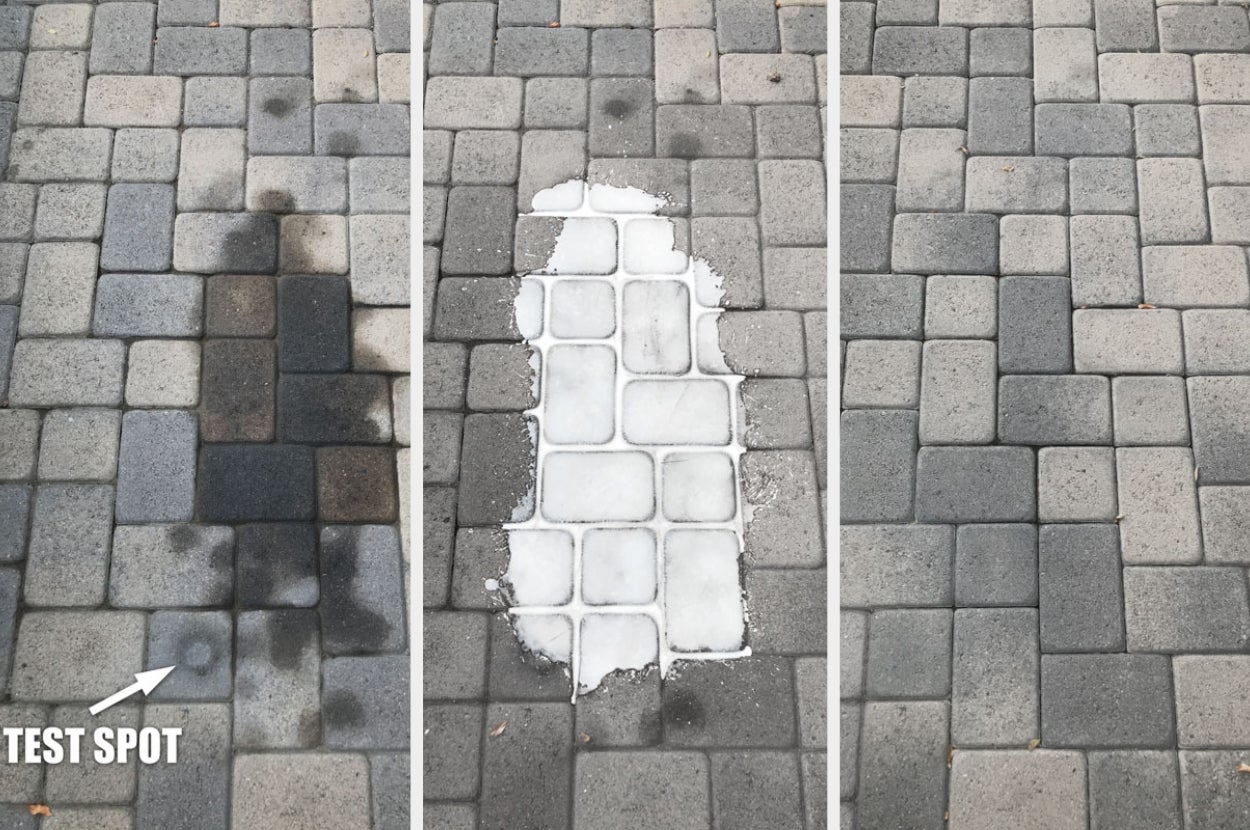 reviewer&#x27;s three tiled surfaces showing before, during, and after cleaning demonstration to remove oil stain
