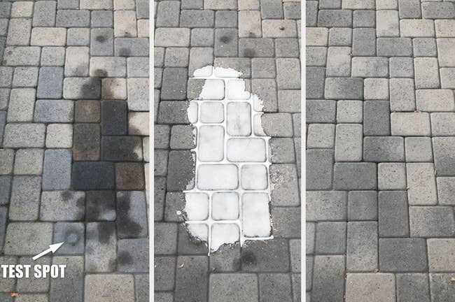 reviewer's three tiled surfaces showing before, during, and after cleaning demonstration to remove oil stain