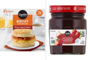 Two products displayed: Signature Select's biscuit sandwiches and strawberry preserves