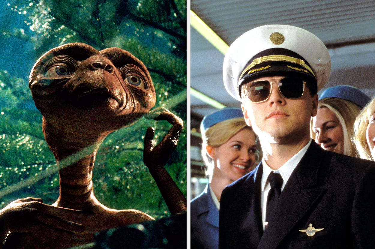 E.T. the Extra-Terrestrial extends a finger, and Leonardo DiCaprio as a pilot with attendants in "Catch Me If You Can."