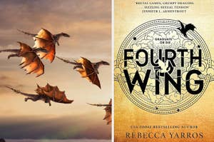 Split image: Book cover for "Fourth Wing" by Rebecca Yarros, featuring title and author's name, with dragon-themed graphics, and four AI dragons flying in the sky.
