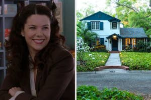 Lauren Graham as Lorelai Gilmore smiling on the left; a two-story house from "Gilmore Girls" on the right