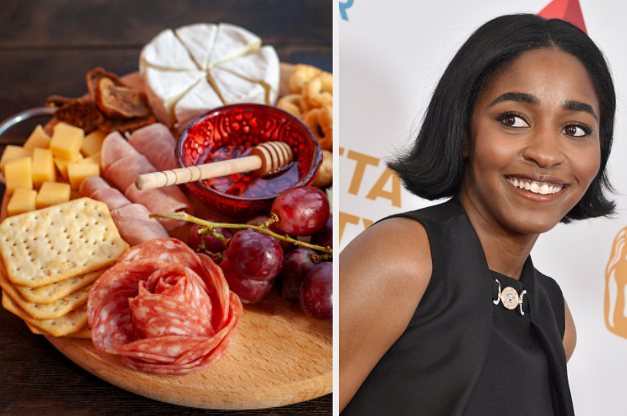 Assorted cheese and meats on a wooden board; person in a black sleeveless dress smiling on the red carpet