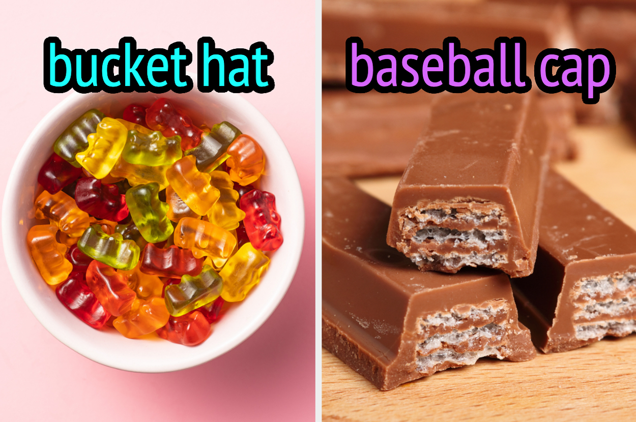 On the left, a bowl of gummy bears labeled bucket hat, and on the right, some Kit Kat Bars labeled baseball cap