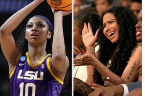 Two images side by side: Left - A female basketball player in an LSU jersey shooting a basketball. Right - Two women emotionally reacting at a sports event