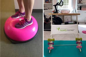 Person standing on a balance trainer; Booty Kicker portable barre assembled in a room