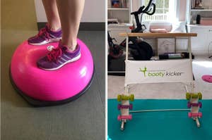Person standing on a balance trainer; Booty Kicker portable barre assembled in a room