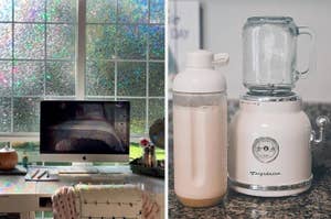 Two images side by side; on the left, a laptop on a desk by a window with a glittery view, and on the right, a vintage-style blender next to a bottle of milk