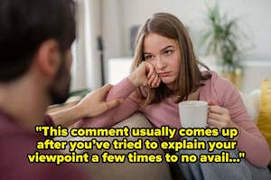 Woman looks frustrated during a conversation with a man, text overlay describes a failed communication attempt
