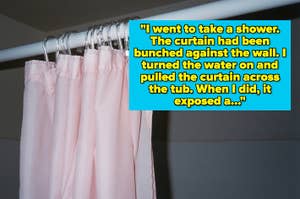 Text on a shower curtain reads a partial personal narrative about taking a shower and finding something unexpected