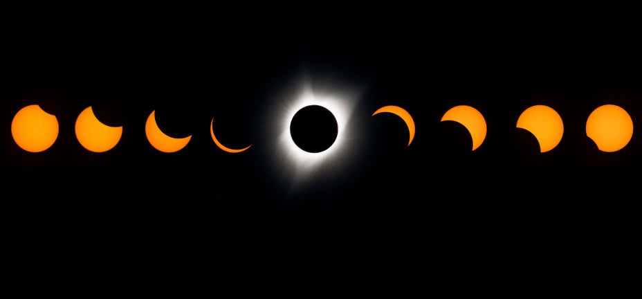 Phases of a solar eclipse progression, with the total eclipse in the center