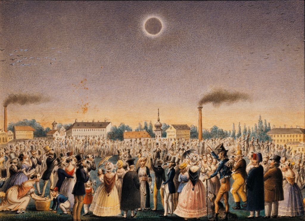 Historical painting of a crowd observing a solar eclipse with buildings in the background