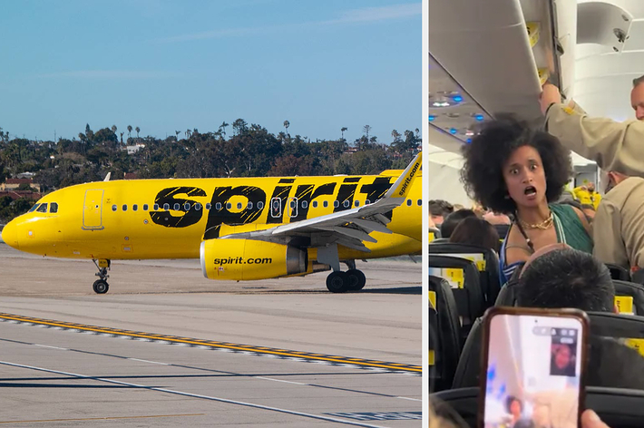 Spirit Airlines plane on the runway; passengers and cabin crew inside the aircraft