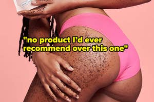 A model applying the coarse scrub to their arms, butt, and thigh