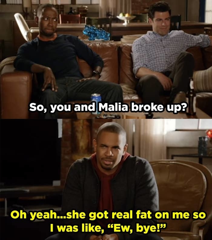 Two men on a couch, one asking about a breakup, the other makes a derogatory comment about a woman&#x27;s weight