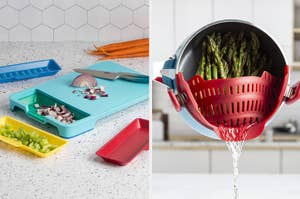 Kitchen gadgets for chopping vegetables and a strainer pot with asparagus demonstrating convenience for cooking