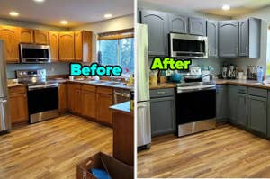 reviewer's kitchen before and after renovation, showcasing cabinet transformation from wood to grey