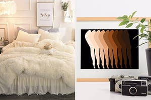 side by side photos of a plush looking bed spread, and a picture of several tones of legs on a desk