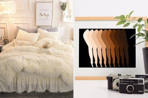 side by side photos of a plush looking bed spread, and a picture of several tones of legs on a desk